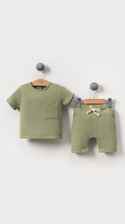 Unisex Bebek&Çocuk %100 Pamuklu Müslin Cepli Alt Üst Şort Takım-Yeşil | 5 Yaş