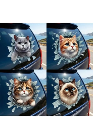 3 Adet Kedi Tasarımlı Araç Stickerı – Kırık Cam Efektli Cam Sticker, Araç Etiketi, Car Decal, 10X10 CM Model Karışık