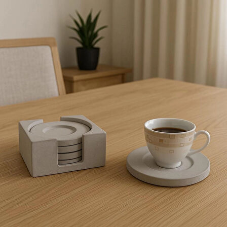 Beton Bardak Altlığı Set Gri Fincan Çay Bardağı Gri
