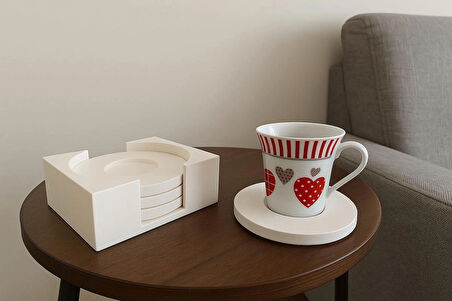 Beton Bardak Altlığı Set Fincan Çay Bardağı Beyaz