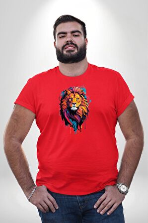 Renkli Yağlı Boya Aslan Kırmızı Büyük Beden Erkek Kadın Unisex Basic Ön Baskılı Tişört