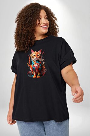 Renkli Yağlı Boya Kedi Siyah Büyük Beden Erkek Kadın Unisex Basic Ön Baskılı Tişört