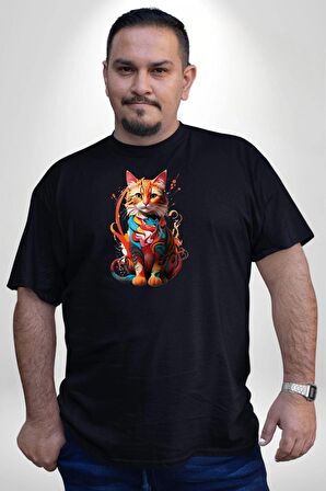 Renkli Yağlı Boya Kedi Siyah Büyük Beden Erkek Kadın Unisex Basic Ön Baskılı Tişört