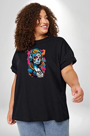 Kulaklık Müzik Dinleyen Kız Siyah Büyük Beden Erkek Kadın Unisex Basic Ön Baskılı Tişört