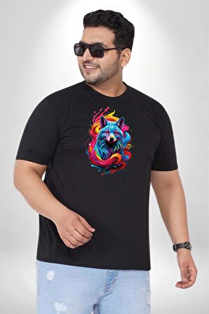 Renkli Kurt Siyah Büyük Beden Erkek Kadın Unisex Basic Ön Baskılı Tişört