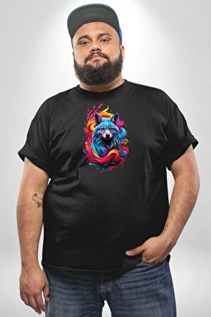 Renkli Kurt Siyah Büyük Beden Erkek Kadın Unisex Basic Ön Baskılı Tişört