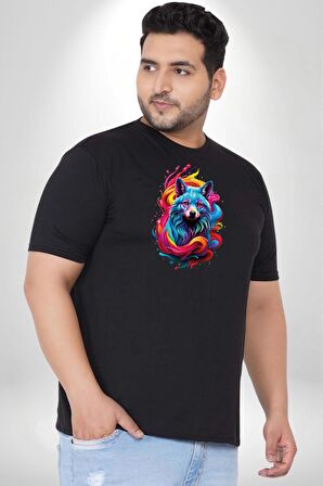 Renkli Kurt Siyah Büyük Beden Erkek Kadın Unisex Basic Ön Baskılı Tişört