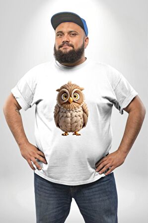 Baykuş Beyaz Büyük Beden Kadın Erkek Ünisex  Basic Ön Baskılı Tişört
