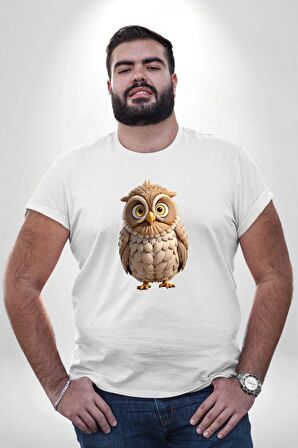 Baykuş Beyaz Büyük Beden Kadın Erkek Ünisex  Basic Ön Baskılı Tişört