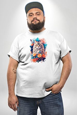 Çiçek Kedi Sulu Boya Beyaz Büyük Beden Kadın Erkek Ünisex  Basic Ön Baskılı Tişört