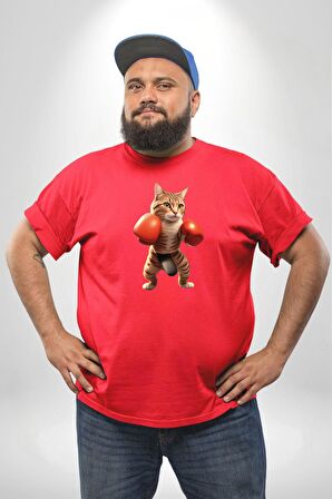 Boks Yapan Kedi Kırmızı Büyük Beden Erkek Kadın Unisex Basic Ön Baskılı Tişört