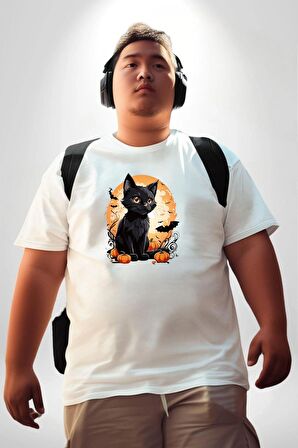 Cadılar Bayramı Kedi Beyaz Büyük Beden Kadın Erkek Ünisex  Basic Ön Baskılı Tişört