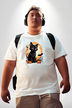 Cadılar Bayramı Kedi Beyaz Büyük Beden Kadın Erkek Ünisex  Basic Ön Baskılı Tişört