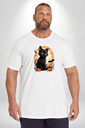 Cadılar Bayramı Kedi Beyaz Büyük Beden Kadın Erkek Ünisex  Basic Ön Baskılı Tişört