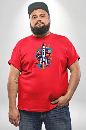 Uzay Aracı Roket Kırmızı Büyük Beden Erkek Kadın Unisex Basic Ön Baskılı Tişört