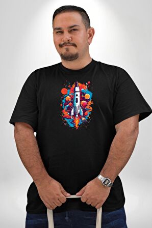 Uzay Aracı Roket Siyah Büyük Beden Erkek Kadın Unisex Basic Ön Baskılı Tişört