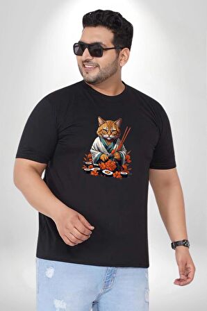 Suşi Balık Çiçek Japon Kedi  Siyah Büyük Beden Erkek Kadın Unisex Basic Ön Baskılı Tişört