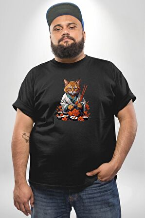Suşi Balık Çiçek Japon Kedi  Siyah Büyük Beden Erkek Kadın Unisex Basic Ön Baskılı Tişört