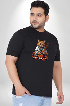Suşi Balık Çiçek Japon Kedi  Siyah Büyük Beden Erkek Kadın Unisex Basic Ön Baskılı Tişört
