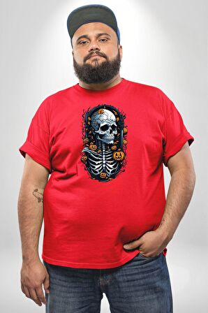 Cadılar Bayramı Kuru Kafa  Kırmızı Büyük Beden Erkek Kadın Unisex Basic Ön Baskılı Tişört