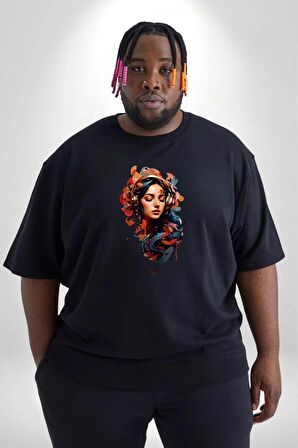 Müzik Dinleyen Kulaklık Yaprak Saçlı Renkli Siyah Büyük Beden Erkek Kadın Unisex Basic Ön Baskılı Tişört