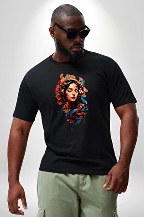 Müzik Dinleyen Kulaklık Yaprak Saçlı Renkli Siyah Büyük Beden Erkek Kadın Unisex Basic Ön Baskılı Tişört