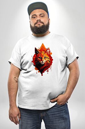 Renkli Sarı Beyaz Kedi  Beyaz Büyük Beden Kadın Erkek Ünisex  Basic Ön Baskılı Tişört
