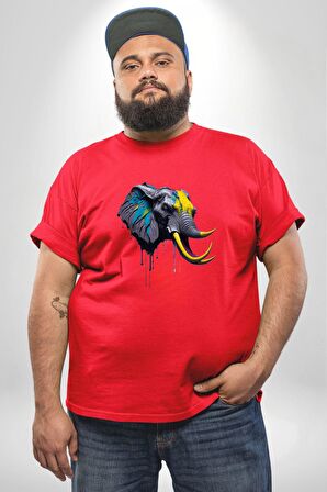 Renkli Fil Kafası  Kırmızı Büyük Beden Erkek Kadın Unisex Basic Ön Baskılı Tişört