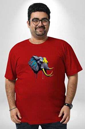 Renkli Fil Kafası  Kırmızı Büyük Beden Erkek Kadın Unisex Basic Ön Baskılı Tişört