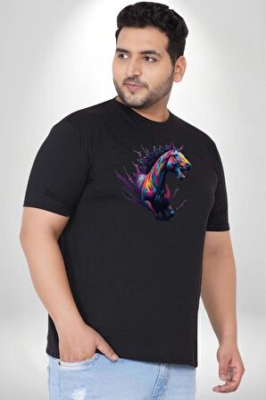 Renkli At Koşu  Siyah Büyük Beden Erkek Kadın Unisex Basic Ön Baskılı Tişört