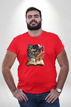 Hikaye Roman Kitabı Gerçekleşti Kırmızı Büyük Beden Erkek Kadın Unisex Basic Ön Baskılı Tişört