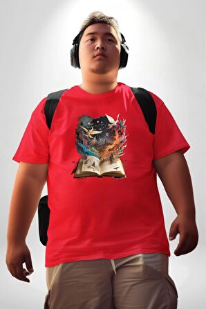 Hikaye Roman Kitabı Gerçekleşti Kırmızı Büyük Beden Erkek Kadın Unisex Basic Ön Baskılı Tişört