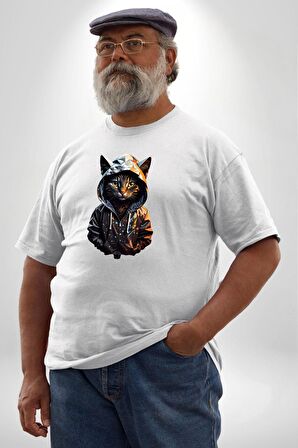 Hip Hop Gençlik Kedi Çeket Beyaz Büyük Beden Kadın Erkek Ünisex  Basic Ön Baskılı Tişört