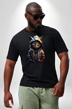 Hip Hop Gençlik Kedi Çeket Siyah Büyük Beden Erkek Kadın Unisex Basic Ön Baskılı Tişört