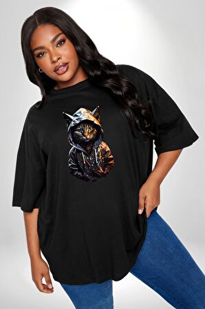 Hip Hop Gençlik Kedi Çeket Siyah Büyük Beden Erkek Kadın Unisex Basic Ön Baskılı Tişört
