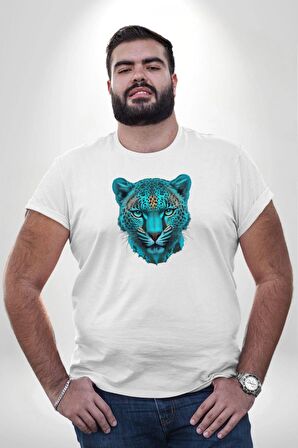 Yeşil Leopar Kafası Beyaz Büyük Beden Kadın Erkek Ünisex  Basic Ön Baskılı Tişört