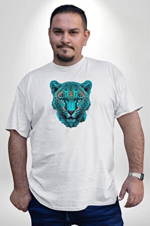 Yeşil Leopar Kafası Beyaz Büyük Beden Kadın Erkek Ünisex  Basic Ön Baskılı Tişört