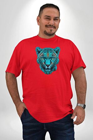 Yeşil Leopar Kafası Kırmızı Büyük Beden Erkek Kadın Unisex Basic Ön Baskılı Tişört