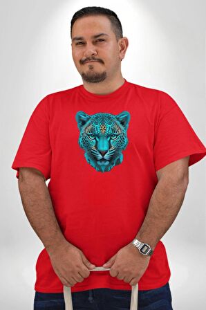 Yeşil Leopar Kafası Kırmızı Büyük Beden Erkek Kadın Unisex Basic Ön Baskılı Tişört