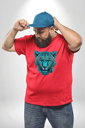 Yeşil Leopar Kafası Kırmızı Büyük Beden Erkek Kadın Unisex Basic Ön Baskılı Tişört