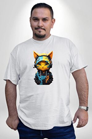 Bandana Kedi Kulaklık Çeket Beyaz Büyük Beden Kadın Erkek Ünisex  Basic Ön Baskılı Tişört