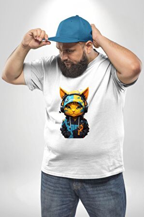 Bandana Kedi Kulaklık Çeket Beyaz Büyük Beden Kadın Erkek Ünisex  Basic Ön Baskılı Tişört