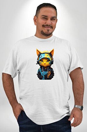 Bandana Kedi Kulaklık Çeket Beyaz Büyük Beden Kadın Erkek Ünisex  Basic Ön Baskılı Tişört