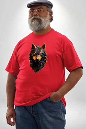 Kırmızı Ateşli Sinirli Kurt  Kırmızı Büyük Beden Erkek Kadın Unisex Basic Ön Baskılı Tişört
