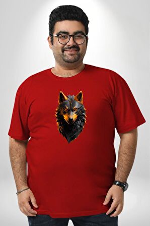 Kırmızı Ateşli Sinirli Kurt  Kırmızı Büyük Beden Erkek Kadın Unisex Basic Ön Baskılı Tişört