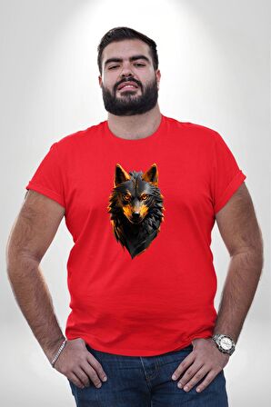 Kırmızı Ateşli Sinirli Kurt  Kırmızı Büyük Beden Erkek Kadın Unisex Basic Ön Baskılı Tişört