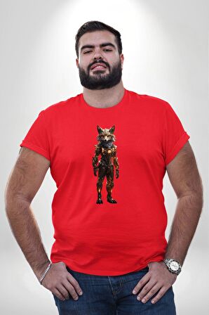 Yapay Zeka Kurt Robot İnsan  Kırmızı Büyük Beden Erkek Kadın Unisex Basic Ön Baskılı Tişört