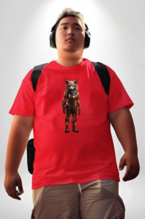 Yapay Zeka Kurt Robot İnsan  Kırmızı Büyük Beden Erkek Kadın Unisex Basic Ön Baskılı Tişört