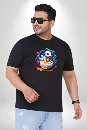 Sevimli Bebek Ejderha Elmas Yumurta Siyah Büyük Beden Erkek Kadın Unisex Basic Ön Baskılı Tişört