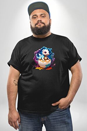 Sevimli Bebek Ejderha Elmas Yumurta Siyah Büyük Beden Erkek Kadın Unisex Basic Ön Baskılı Tişört